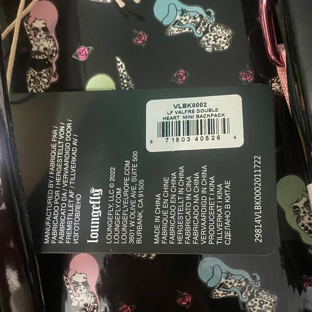 Loungefly Black Heart Backpack w Pink Trim & Multicolor Tattooed Character Print